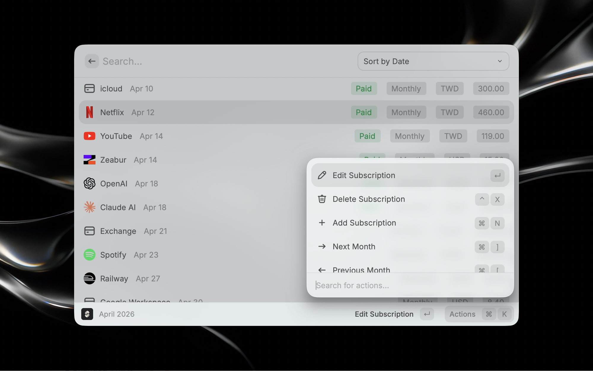 Subflow menu bar showing upcoming renewals