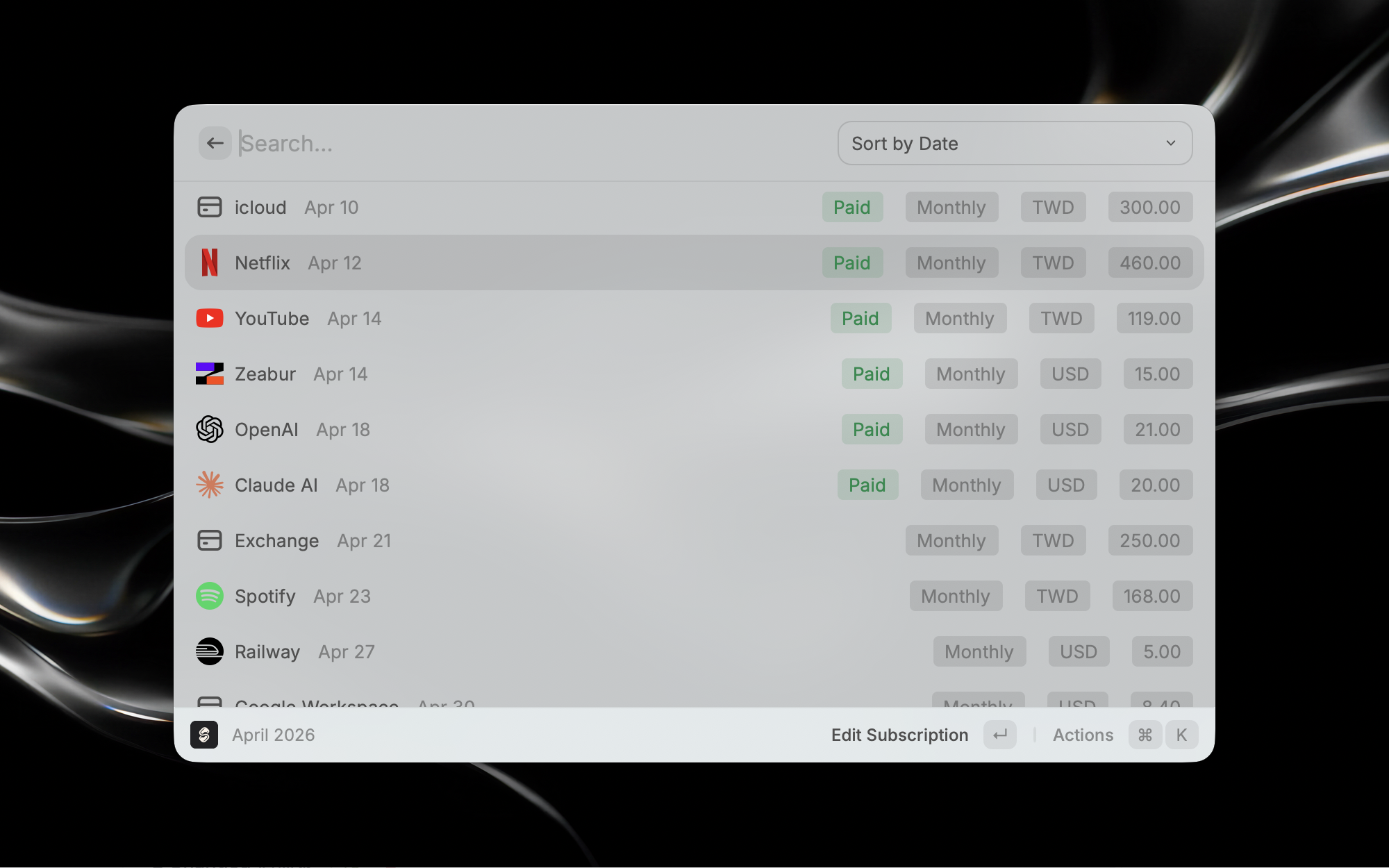 Raycast extension screen showing Subflow subscriptions list