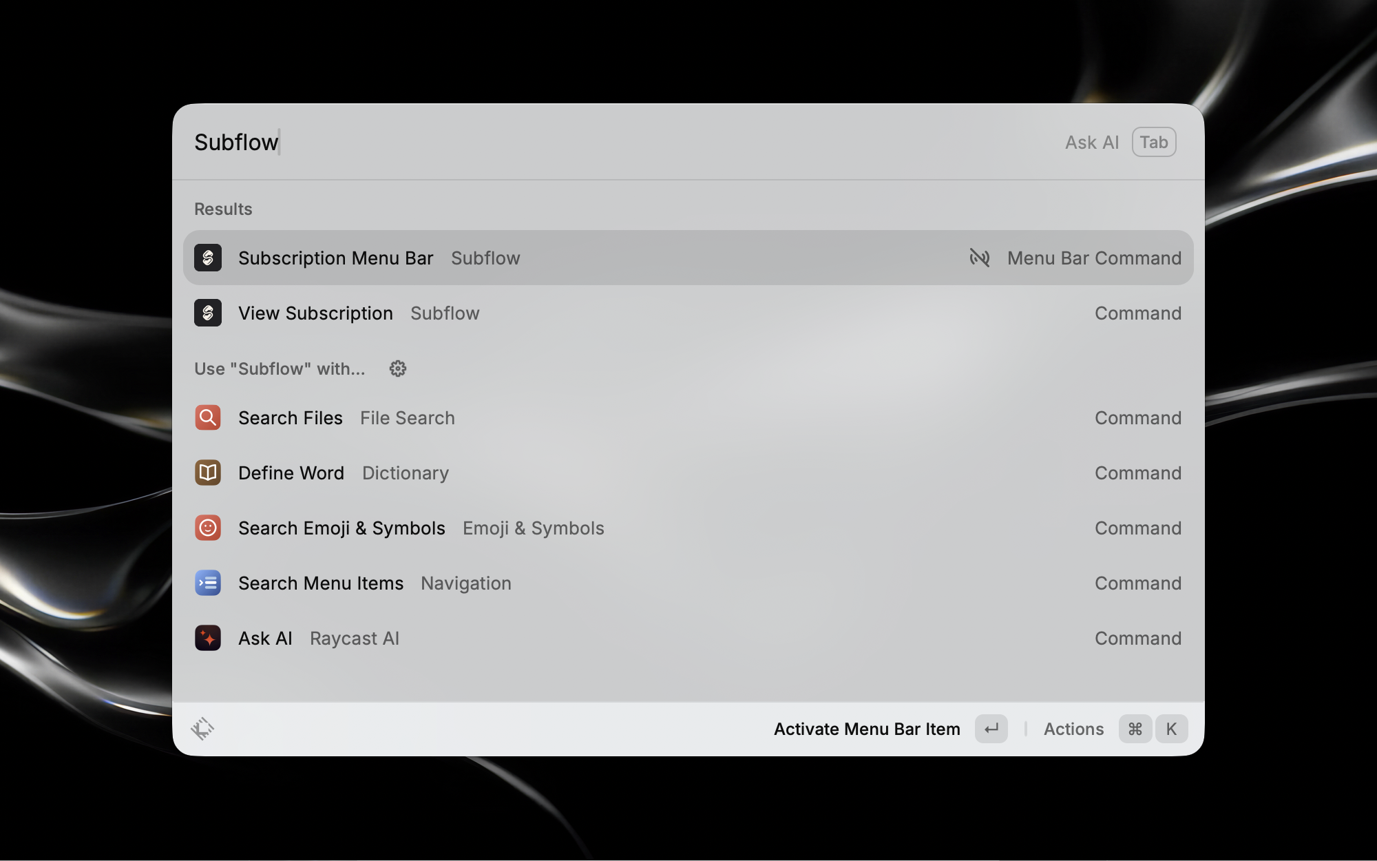 Raycast extension home screen showing Subflow overview